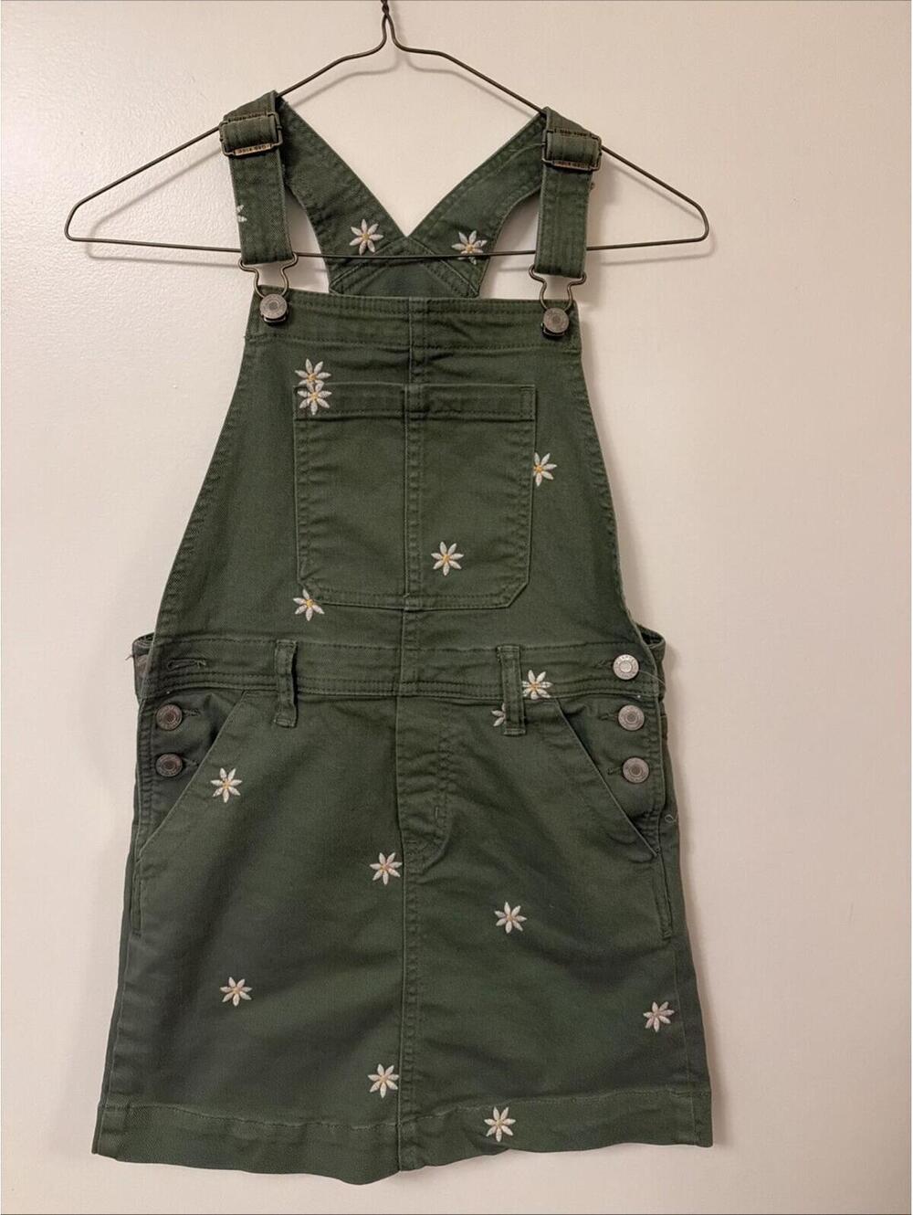 Gap Kids Jean Overall Dress Jumper Bib Skirt Girls Size M 8-9 Green w/ Daisies